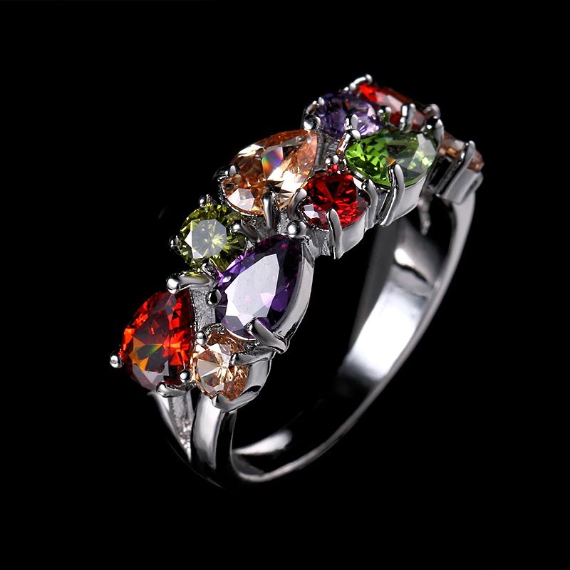 Mosaic Colorful Crystal Ring - Silver Tone