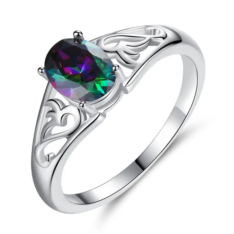 Oval Rainbow Zircon Ring - Silver Tone