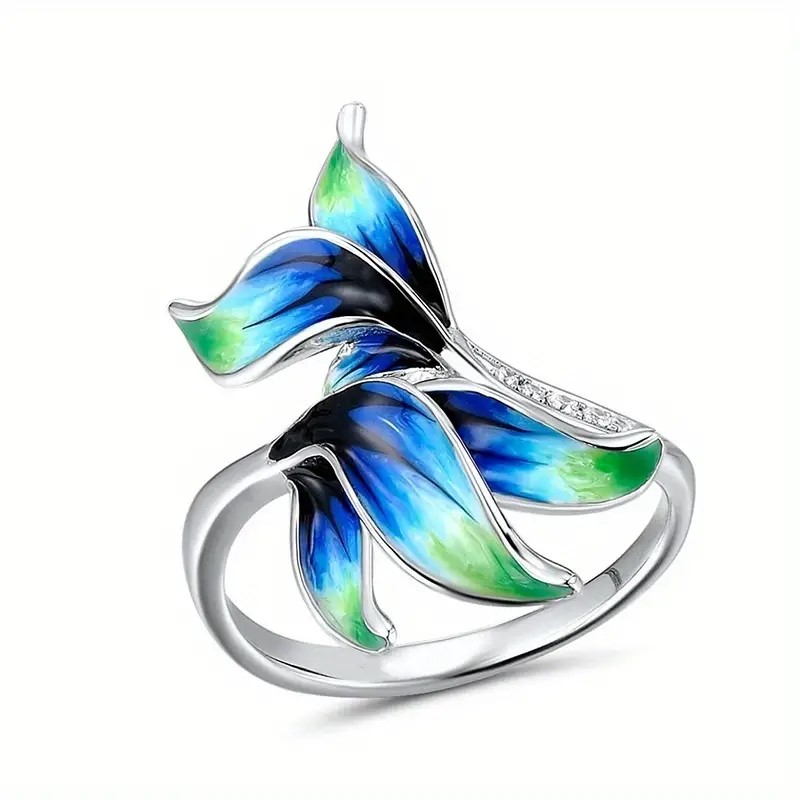 Turquoise Sea Leaf Ring - Silver Tone