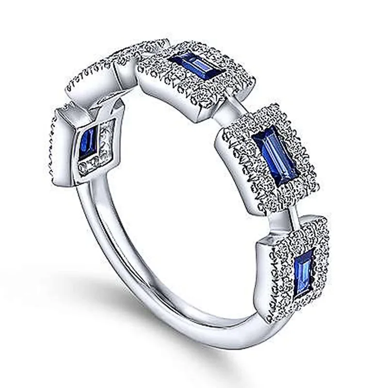 Blue Rectangle CZ Ring -  (S925) Silver Plated
