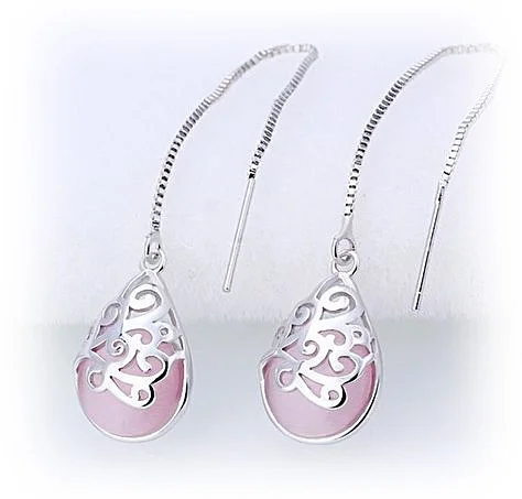 Vintage Waterdrop w/Pink Rhinestone Long Earrings - (S925) Silver Plated