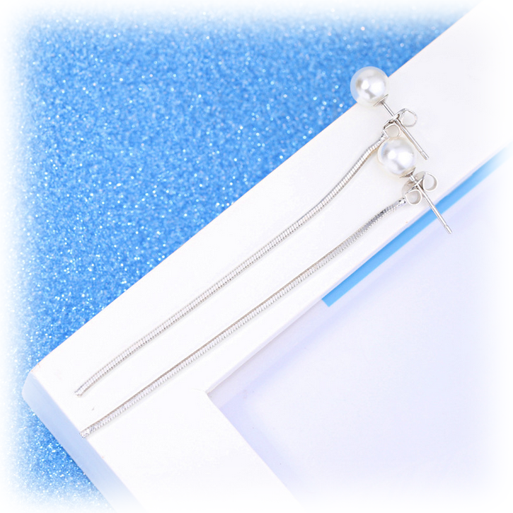 2 in 1 Elegance Ear Lines w/ Faux Pearl Stud Earrings - Silver Tone