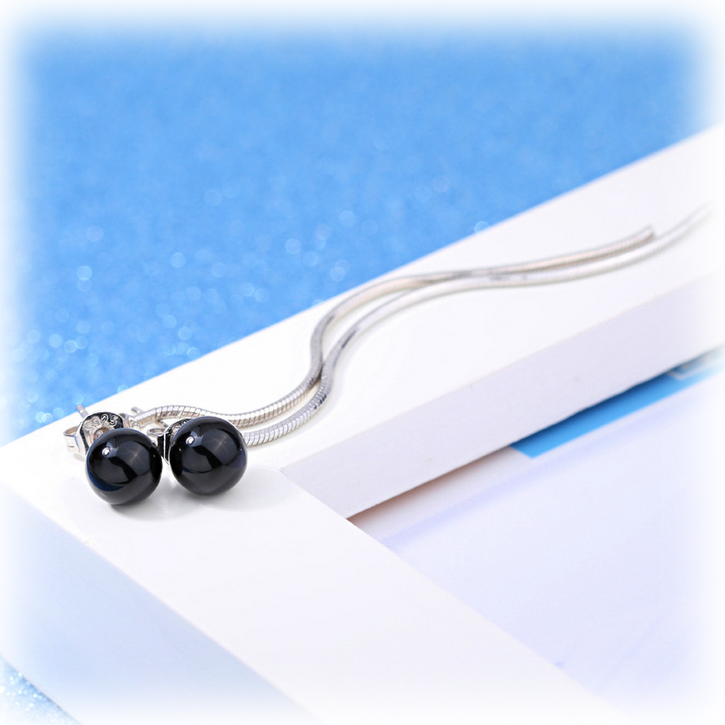 2 in 1 Elegance Ear Lines w/ Black Agate Stud Earrings - Silver Tone