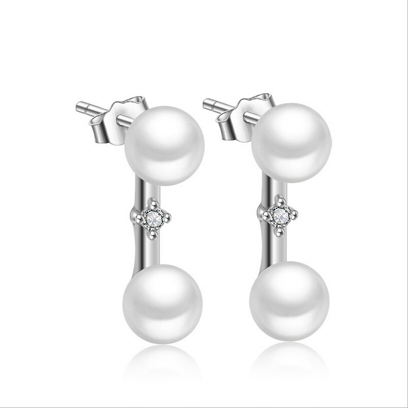 Simply Elegance Double Pearl CZ Stud Earrings - (S925) Silver Plated