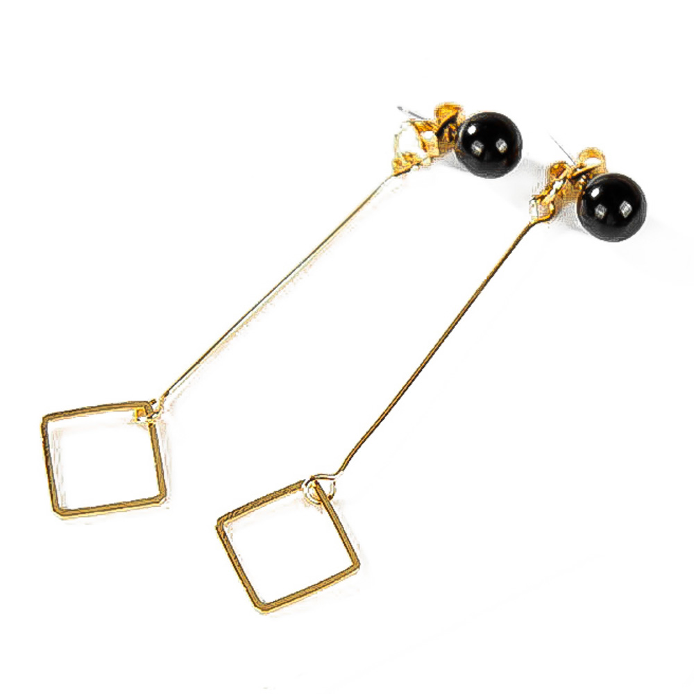Punk Square Black Pearl Long Drop Earrings - Gold Tone