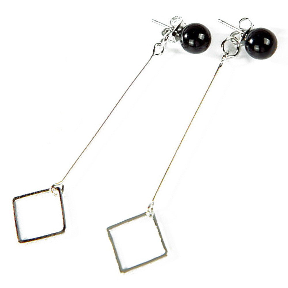 Punk Silver Square Black Pearl Long Drop Earrings - Silver Tone
