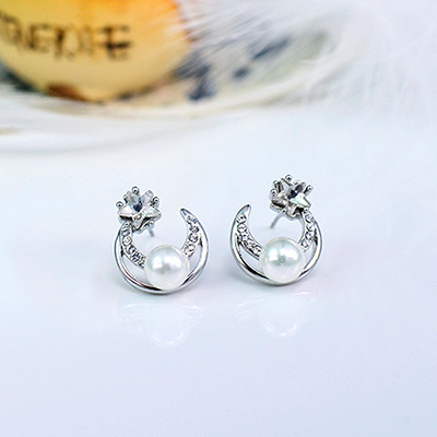 White Star w/Pearl Moon Earrings - Silver Tone