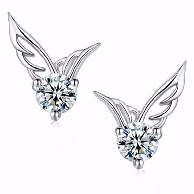 Crystal Guardian Wing Stud Earrings - Silver Tone