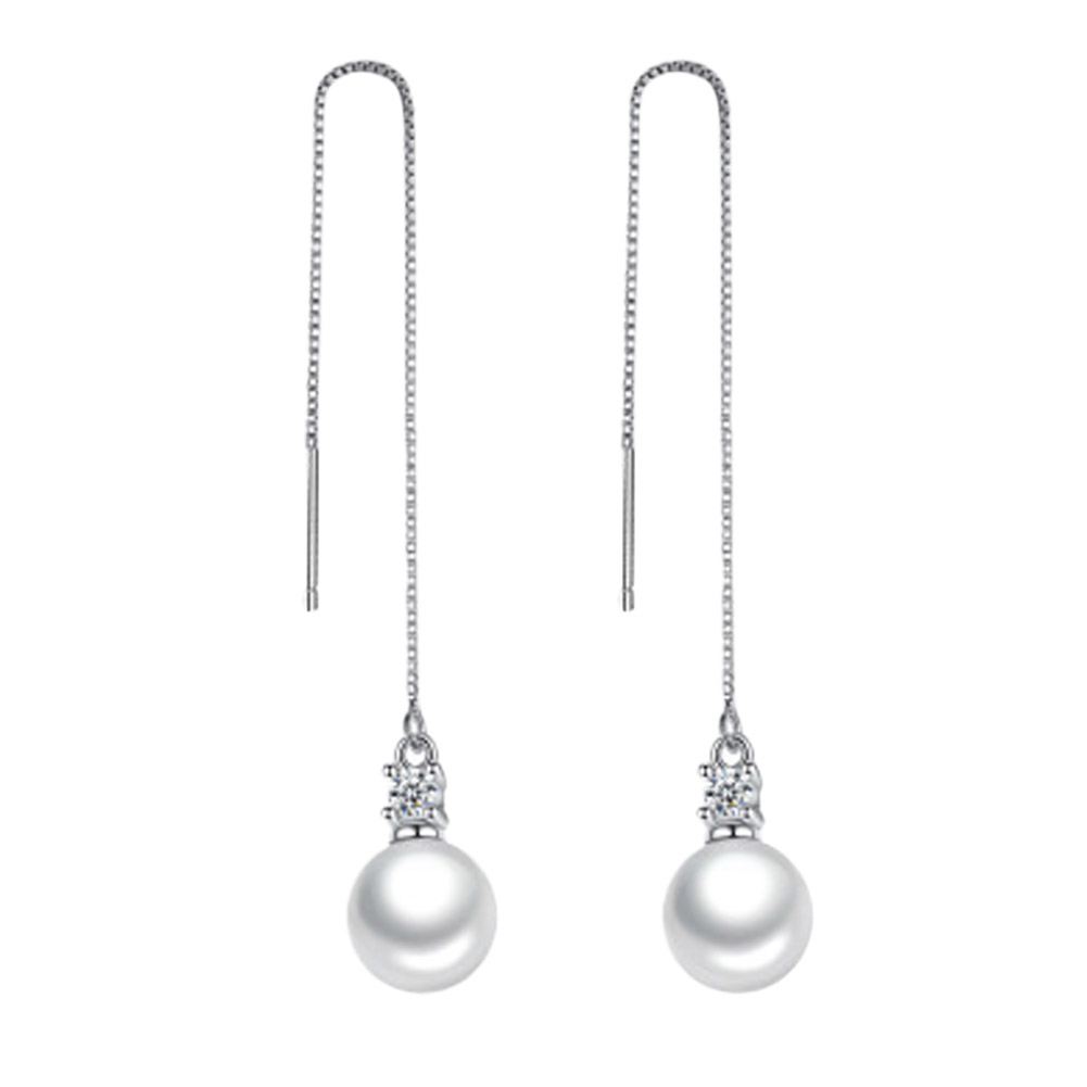 Pearl Long Drop Threaders - Silver Tone