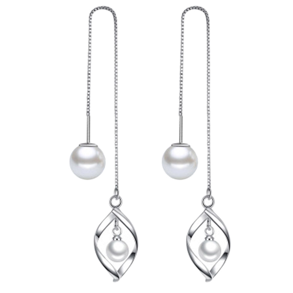 Twist Pearl Drop Threaders - Silver Tone