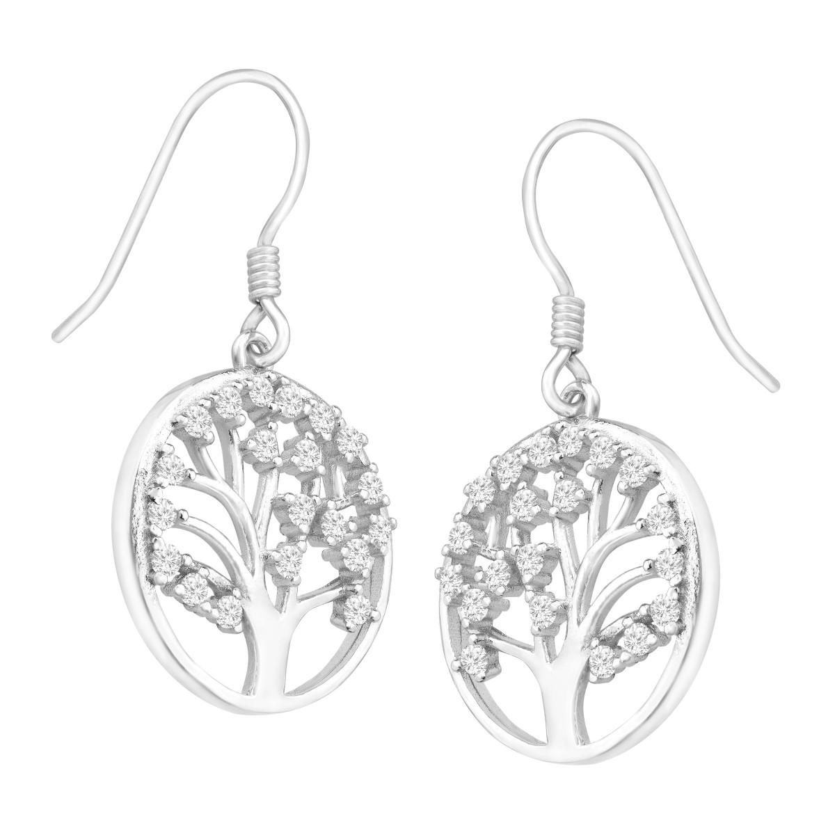 CZ Tree of Life Drop Hook  Earrings - Silver Tone