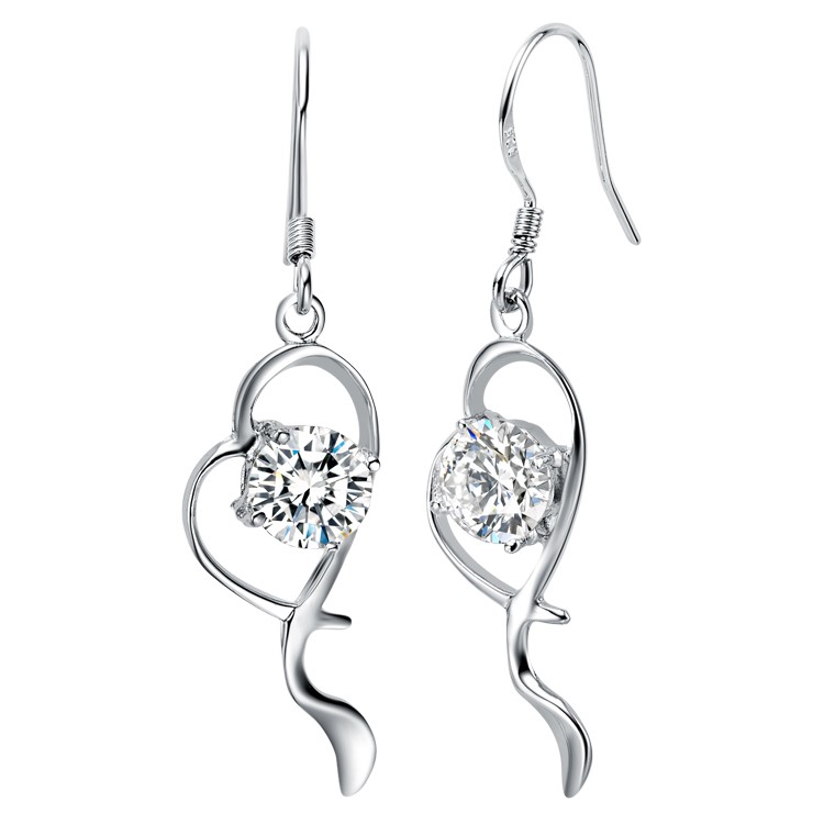 CZ Heart Drop Hook Earrings - (S925) Silver