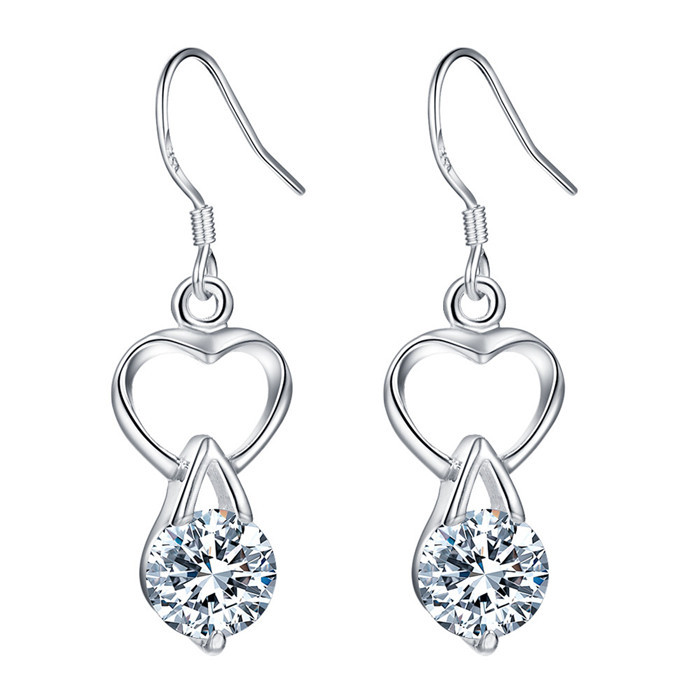 CZ Heart Drop Earrings - (S925) Silver Plated