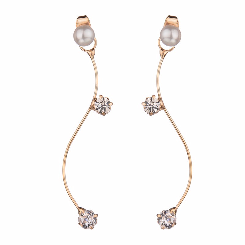 Pearl Crystal S Curve Stud Earrings - Gold Tone