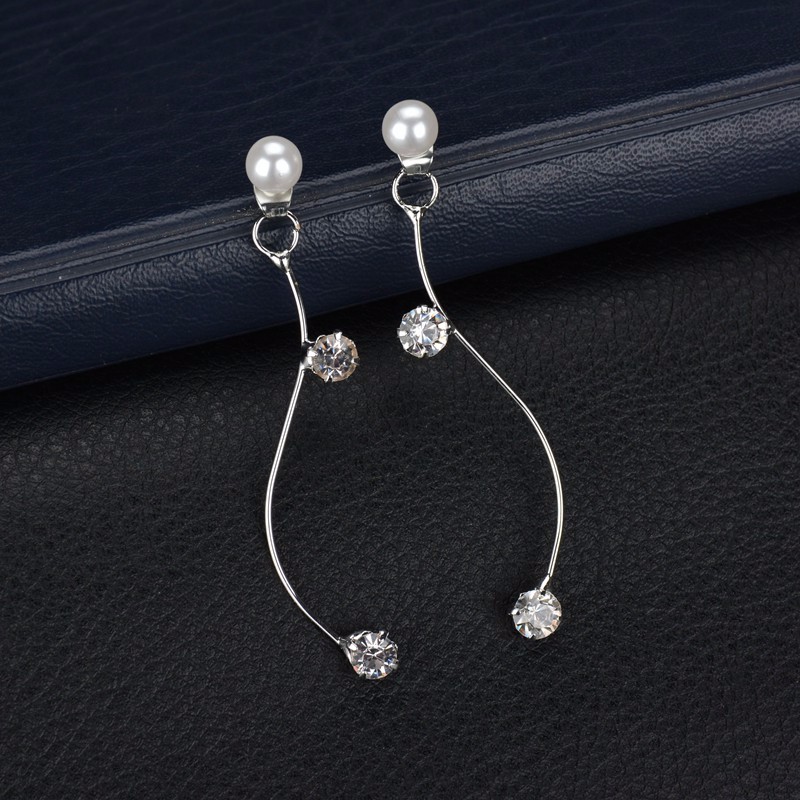 Pearl Crystal S Curve Stud Earrings - Silver Tone