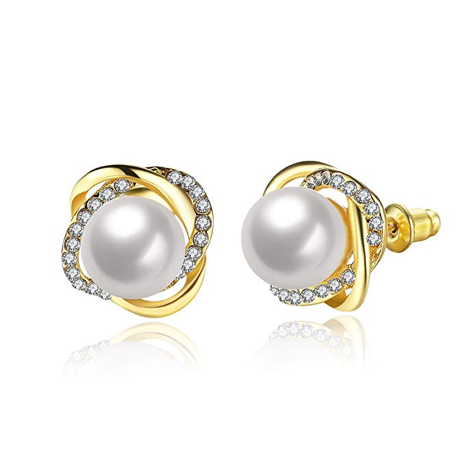 Pearl Crystal Stud Earrings - Gold Tone