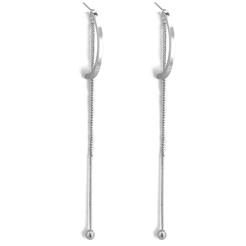 C Shape Long Chain Drop Stud Earrings - Silver Tone