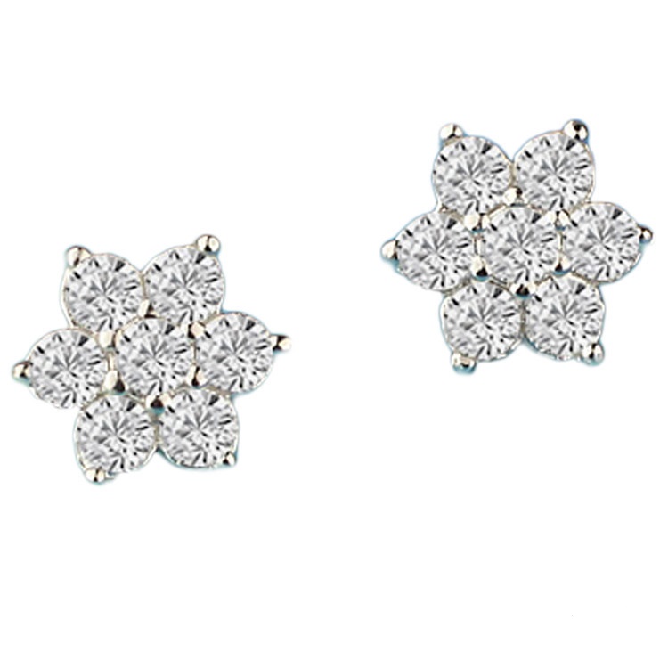 CZ Flower Stud Earrings - (S925) Silver Plated
