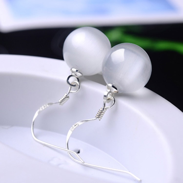Handmade White Opal Drop Earrings - Silver Tone