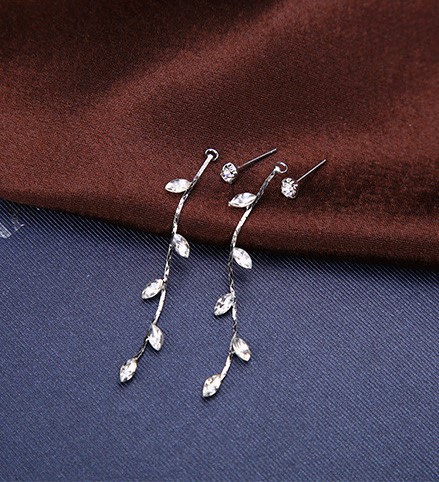 Crystal Leaf Long Dangle Stud Earrings - Silver Tone
