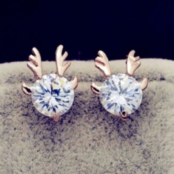 CZ Deer Stud Earrings - Gold Tone