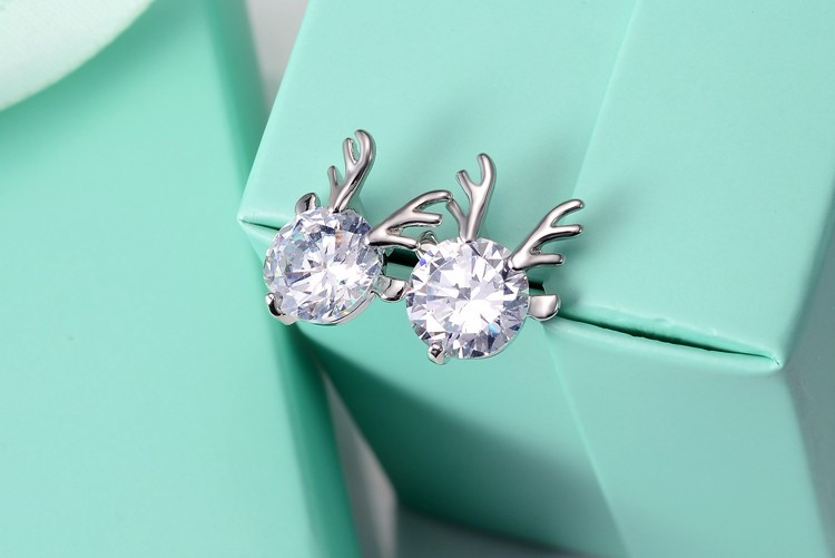 CZ Deer Stud Earrings - Silver Tone