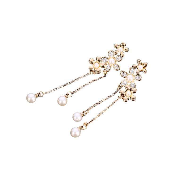 Crystal Flower Pearl Dangle Stud Earrings - Gold Tone