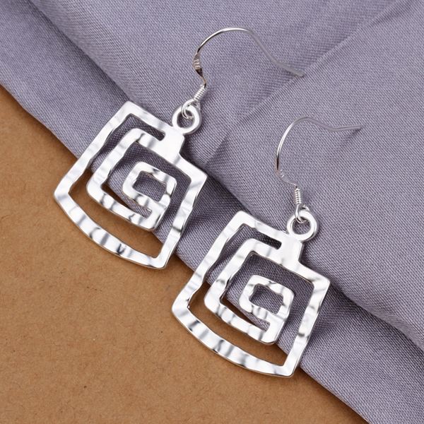 Hollow Hammed Square Drop Hook Earrings - (S925) Silver Plated