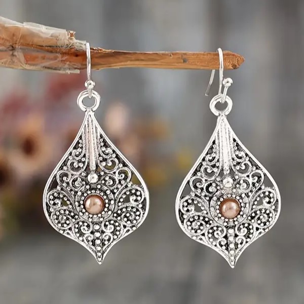 Vintage Inlaid Teardrop Drop Hook Earrings - Silver Tone