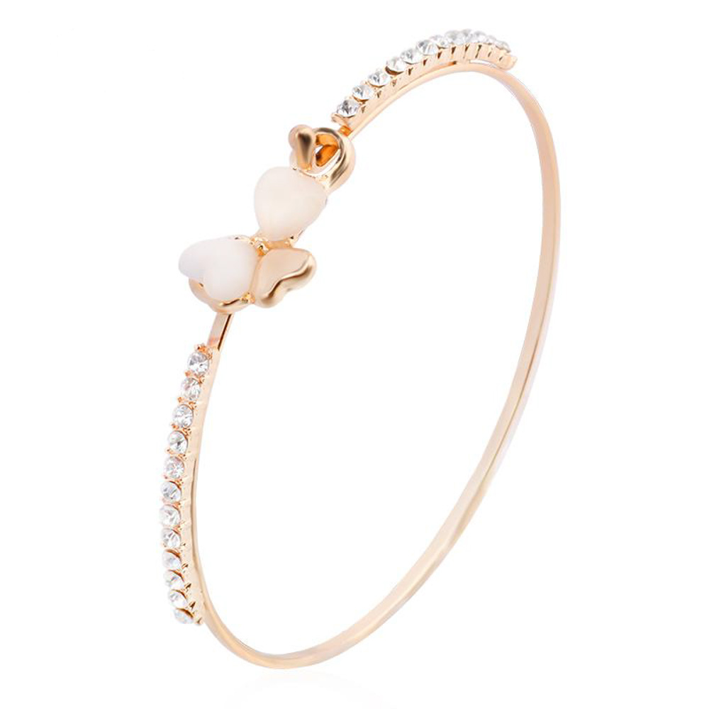 Opal White Clover Charm Bangle - Gold Tone
