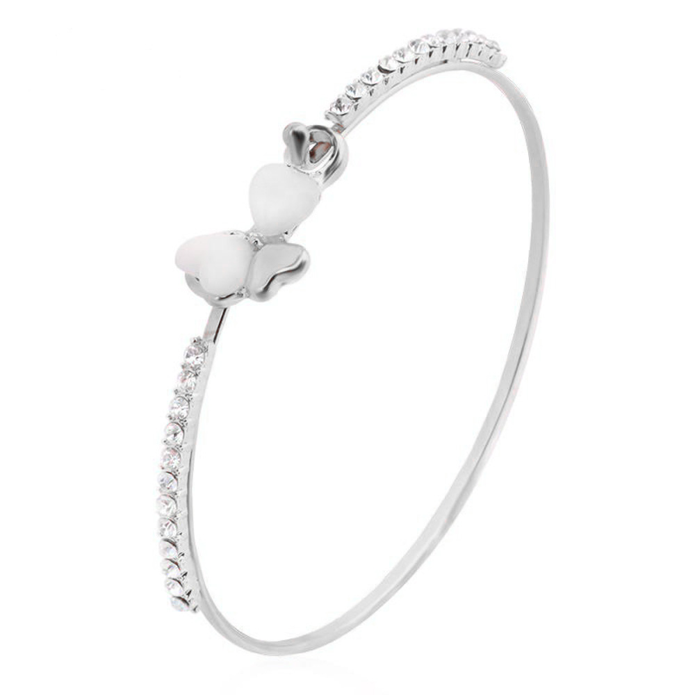 Opal White Clover Charm Bangle -Silver Tone