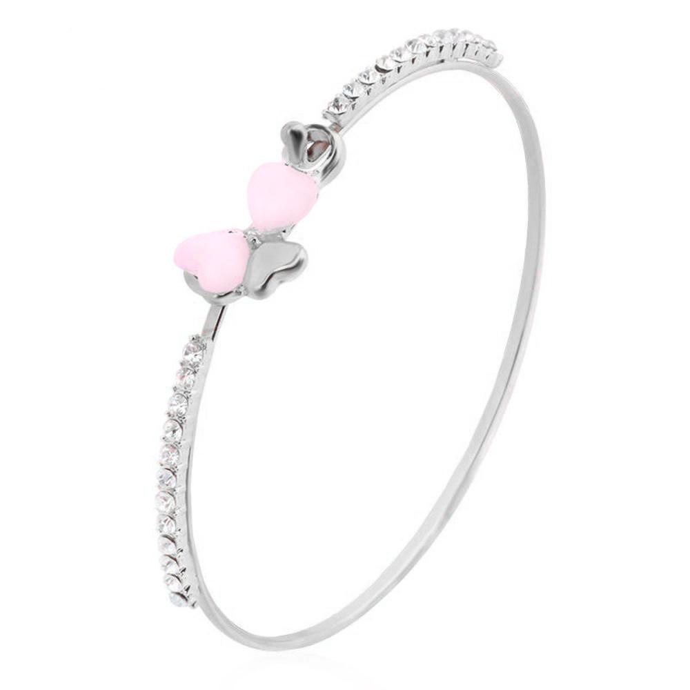 Opal Pink Clover Charm Bangle - Silver Tone