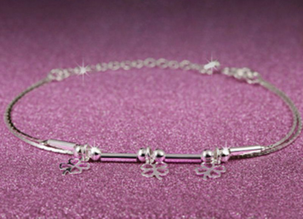 Sterling Silver Clover & Bead Charms Bracelet - (S925) Silver
