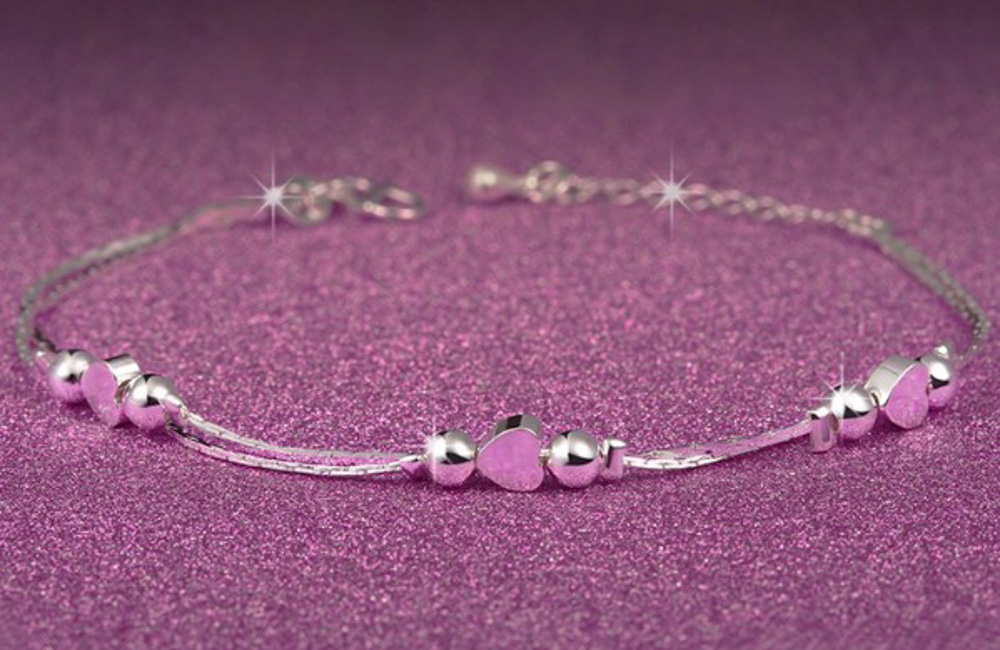 Sterling Silver Beads and Hearts Bracelet - (S925) Silver