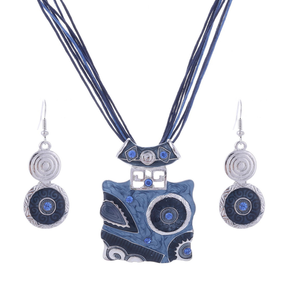 Blue Square Round Enamel Jewelry Set (3 Pieces) - Silver Tone - M1