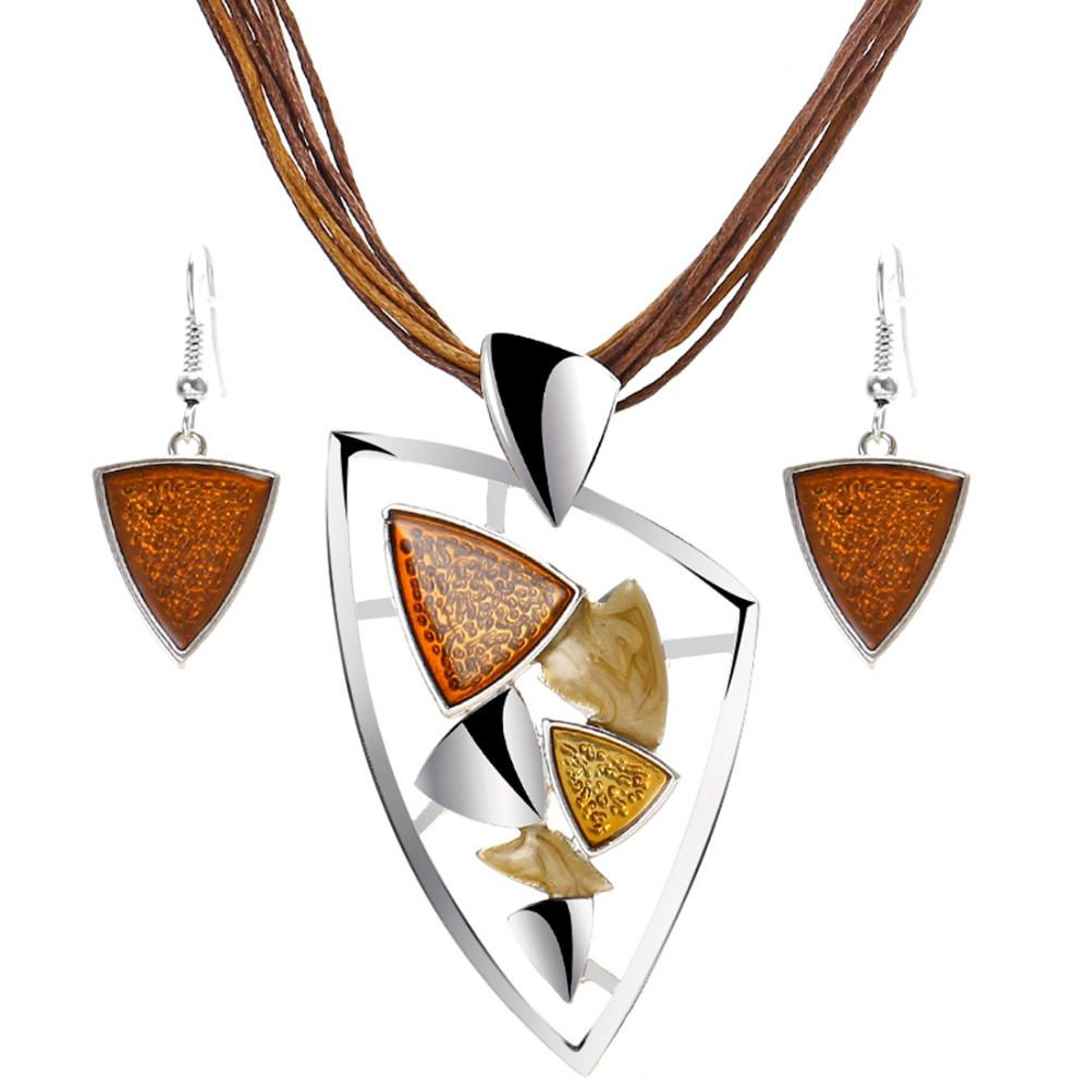 Red Hollow Triangle Enamel Jewelry Set (3 Pieces) - Silver Tone - M1